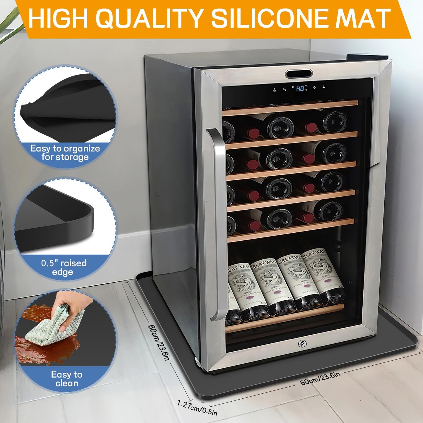 Ieesspd Mini Fridge Silicone Mat,24''x24''x0.5'', Under Refrigerator Mat Mini Fridge Drip Pan Prevents Appliance Leakage Water Spills, Protects the Floor From Damage and Cleanliness(Black)