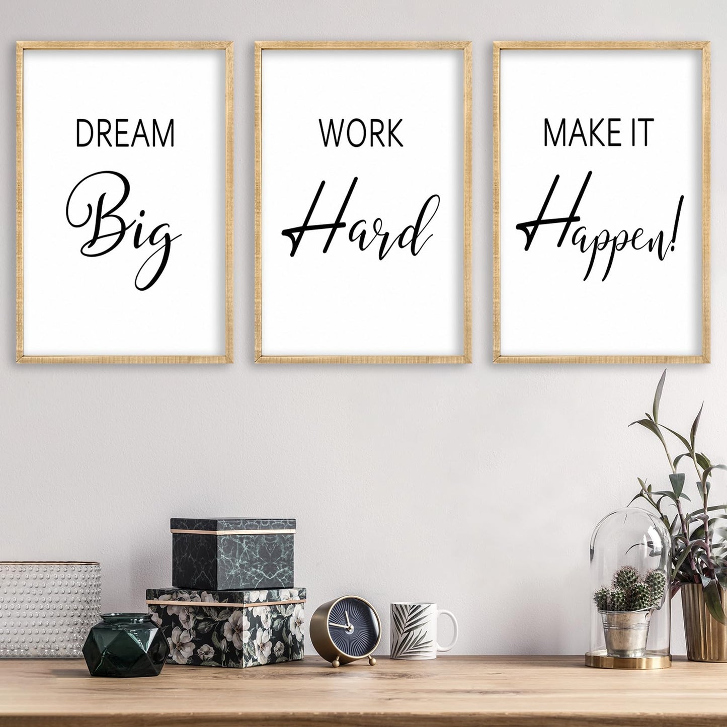 Motivational Positive Sign Wall Decor 11x16 Inch Office Set Of 3 Wood Framed Large Inspirational Quotes Living Room Home Wall Art Dream Big Work Hard Make it Happen women Hanging (Wood)