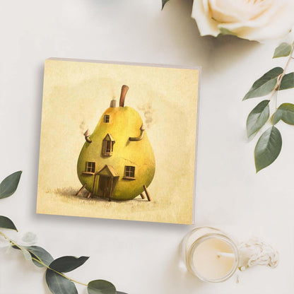 Whimsical Pear House Wooden Block Sign, Fantasy Art Wood Decor, Storybook Style Shelf Sitter, Home Table Mantel Tiered Tray Accent Gift for Living Room Office