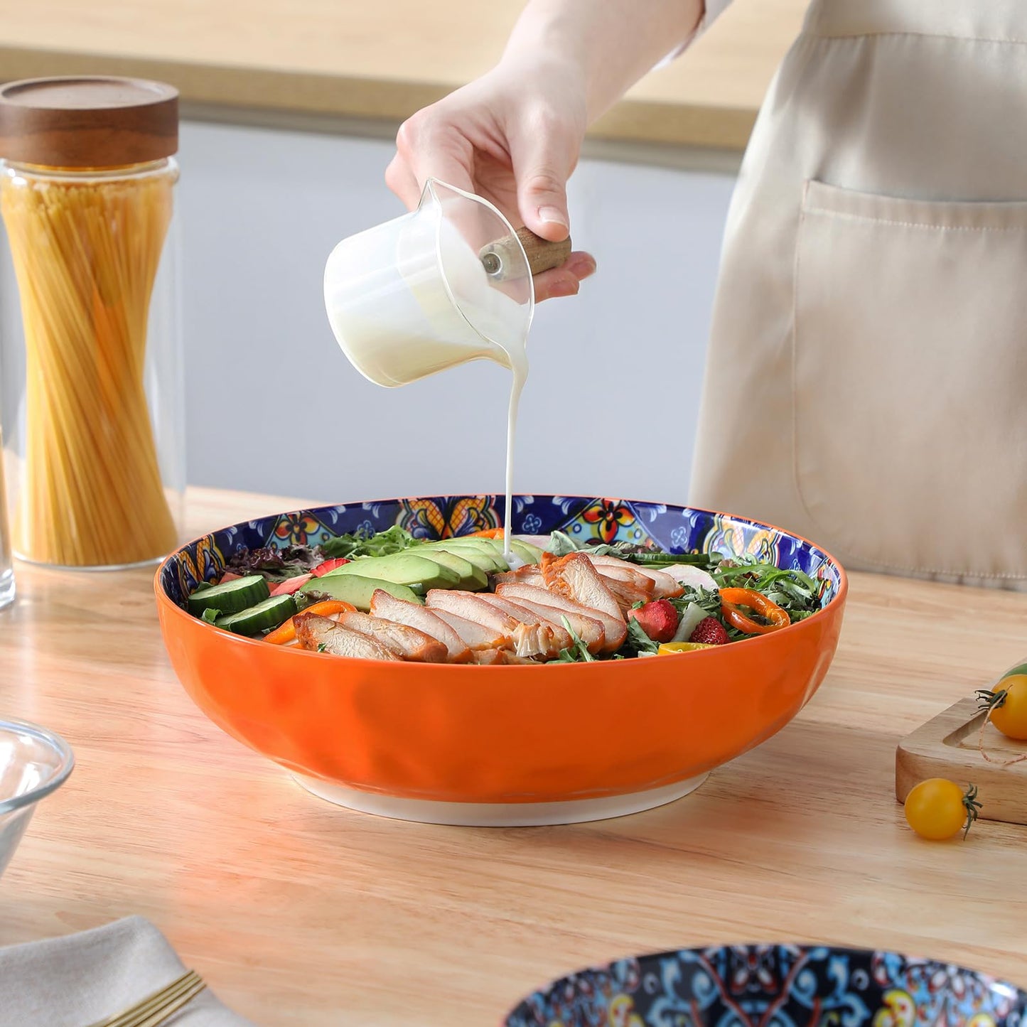 vancasso Large Serving Bowls, 78 Oz Extra Large Salad Bowls Set of 2, Bohemian Decorative Bowls for Salad, Fruit, Pasta and Dinner, Serving Dishes Set for Party, Dishwasher & Microwave Safe－Red