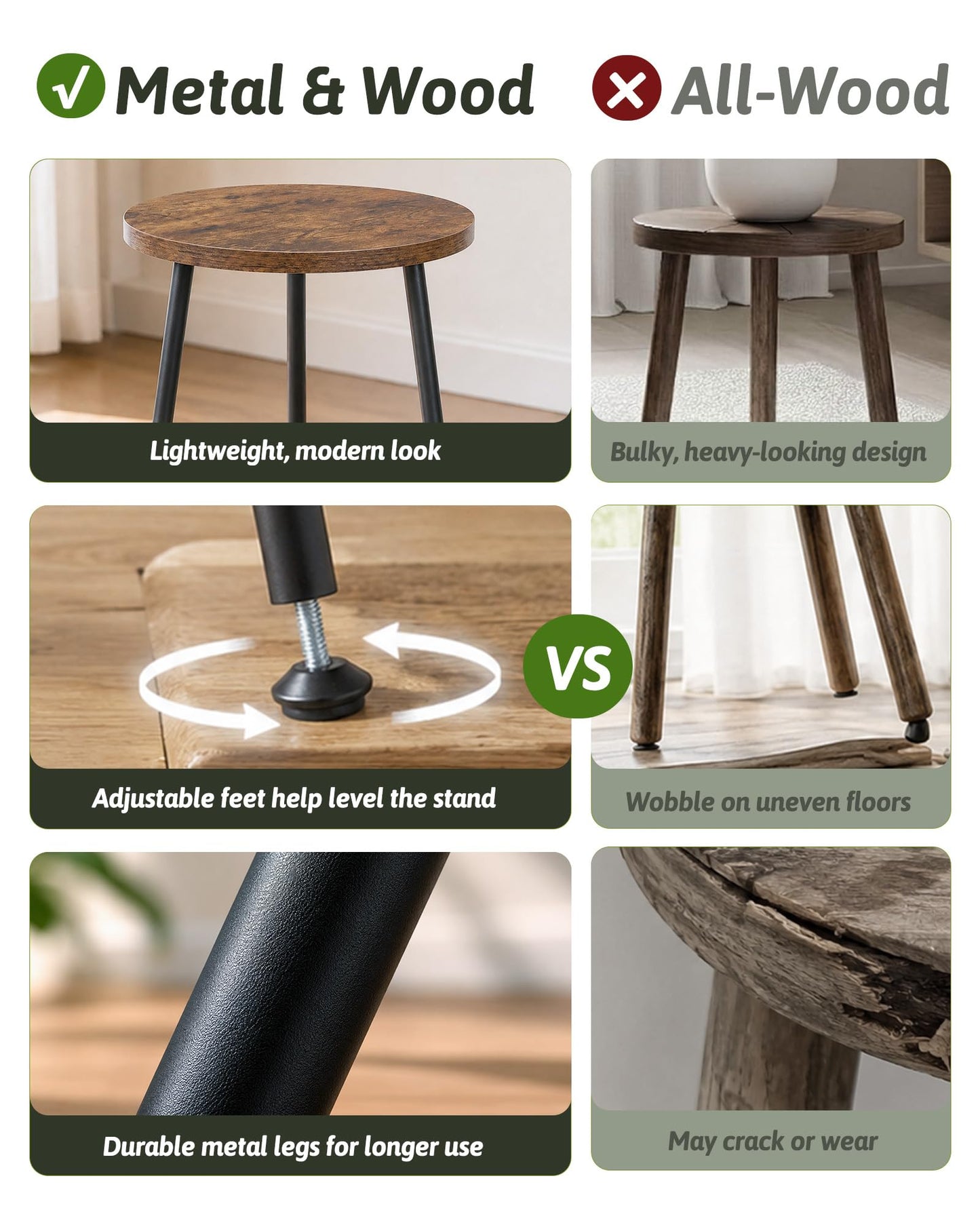 GENTINGBRO 5 Pack Wood Plant Stands Indoor, Round Plant Stool Set with Iron Legs, Heavy Duty Plant Stand Table, Wood and Metal Flower Pot Stand for Living Room, Bedroom, Balcony, Brown/Black