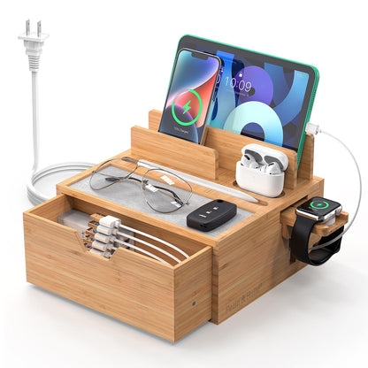 Pezin & Hulin Bamboo Charging Station for Multi Device, with Power Charger & Cables, Nightstand Docking Station with Lined Tray & Drawer, Compatible with Tablet, Cell Phones