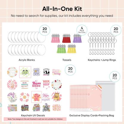 YOPPIX 140 PCS Acrylic Keychain Blank Set, Funny Double-Sided UV DTF Stickers Acrylic Keychain Making Kits for Vinyl DIY Craft Project
