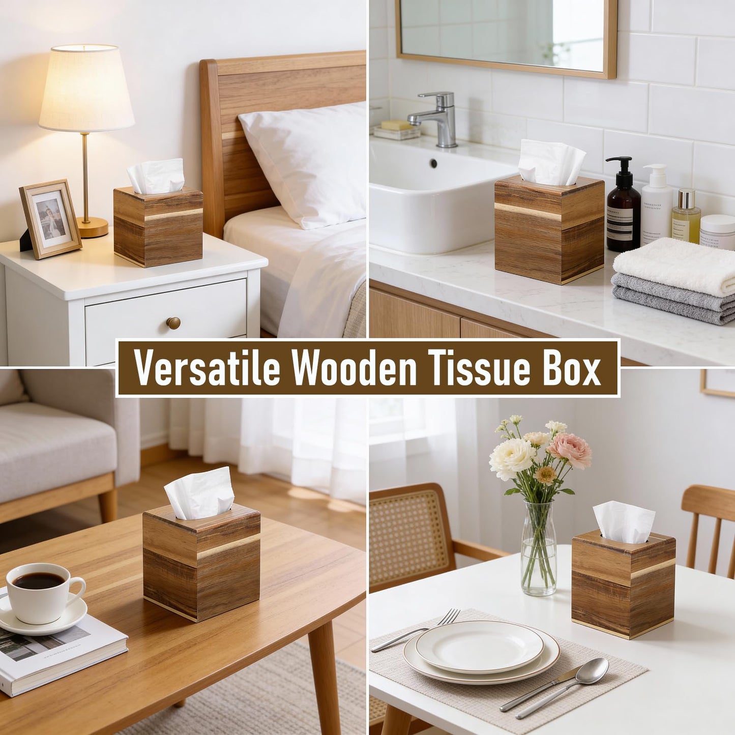 2 Pack Wooden Tissue Box Cover Square, Acacia Wood, 5.5 x 5.5 x 6.2