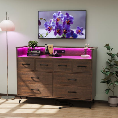 Hetoy Wooden Dressers for Bedroom with 8 Storge Drawers & LED Lights and Charging Station, Brown Wood Chest of Drawers, Modern Deep Drawers Organizer for Closet, Living Room Hallway, Entryway