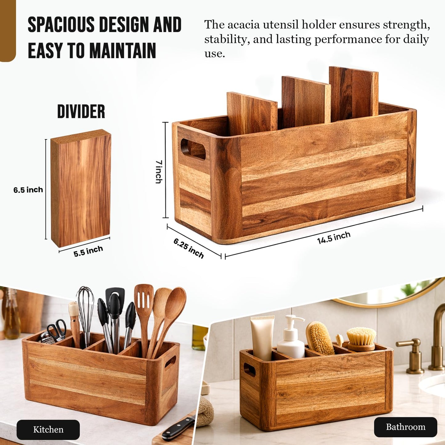 Paw-er Play Wooden Caddy Utensil Holder - Premium Acacia Wood Utensil Caddy with Sturdy Design for Easy Organization - Perfect Kitchen Utensil Organizer for Counters, Dining Tables, and Everyday Use