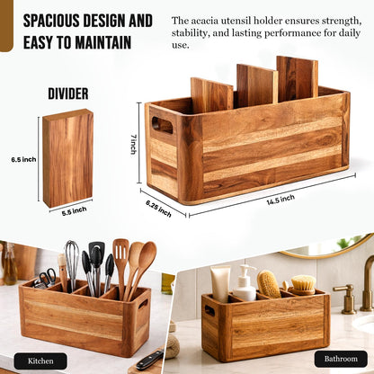Paw-er Play Wooden Caddy Utensil Holder - Premium Acacia Wood Utensil Caddy with Sturdy Design for Easy Organization - Perfect Kitchen Utensil Organizer for Counters, Dining Tables, and Everyday Use