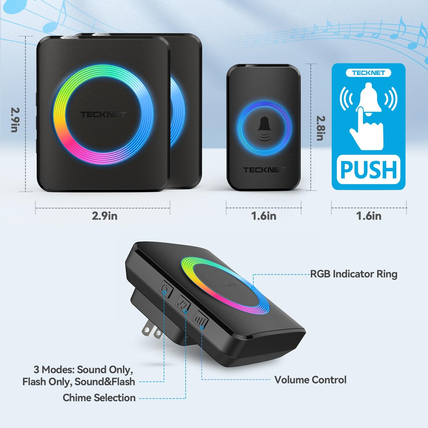 TECKNET Wireless Doorbell, Door Bell 0-120dB, 1300 ft Wireless Range, IP65 Waterproof Classroom Doorbells, 60 Chimes & 5 Volume Levels, RGB Light for Home Kid Room Office Hearing Impaired