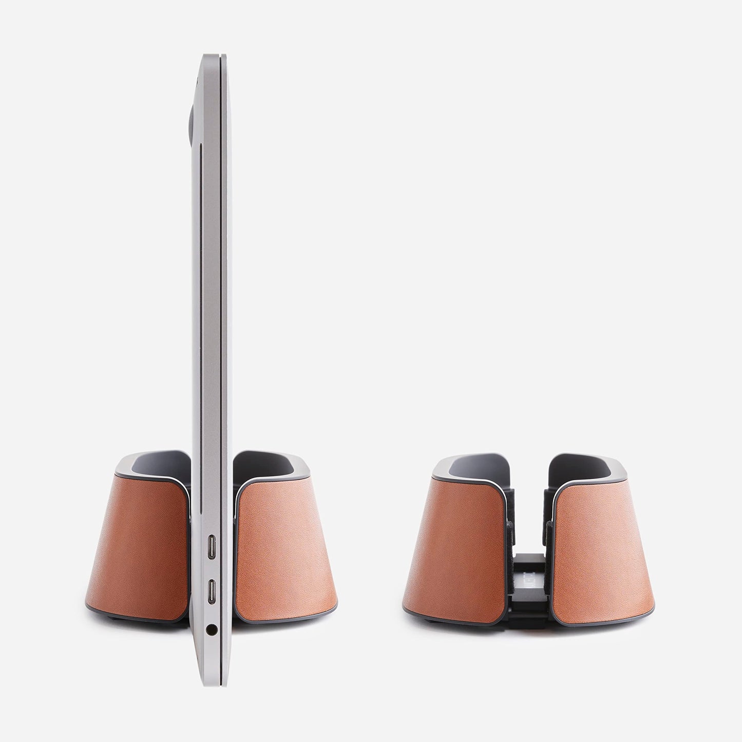 HumanCentric Vertical Laptop Stand in Vegan Cognac Leather, Upright Adjustable Holder and Dock, Laptop Vertical Stand Fits MacBook Pro and Other Laptops .5" to 1.5", Clamshell Compatible