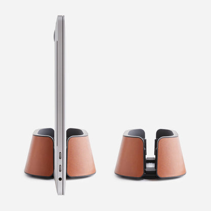 HumanCentric Vertical Laptop Stand in Vegan Cognac Leather, Upright Adjustable Holder and Dock, Laptop Vertical Stand Fits MacBook Pro and Other Laptops .5" to 1.5", Clamshell Compatible