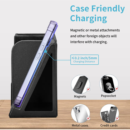 KINGFOM PU Leather Desk Organizer with Wireless Charging Station for iPhone, 10W Wireless Charger for iPhone 14/14 Pro/13/12/Samsung Galaxy S23/S22/S21/Note 20/Note 10(Black-L)