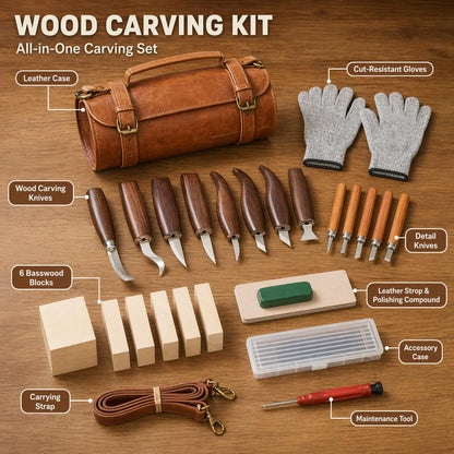 Deluxe Wood Carving Kit, 26Pcs Whittling Tools with 6 Basswood Blocks & Leather Case, High-Carbon Steel Knives, Safety Gloves, Woodworking Set for Beginners Adults DIY Craft Gifts