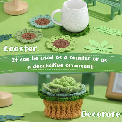 LUNARM Crochet Kit for Beginners, Crochet Start Kit Green Plant Coasters with Step-by-Step Video Tutorials, Easy-to-Learn Knitting with Hook and Yarn, Beginner-Friendly