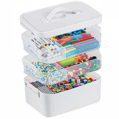 3-Layer Plastic Craft Organizers and Storage Box with Removable Trays, Storage Containers with lids and Handle, Art Supply Storage Organizer for Bead, Ornament, Nail Polish, Tape（10.62" x9"x7.67"）