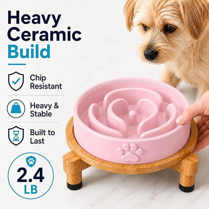 Slow Feeder Dog Bowls – Elevated Dog Bowl Slow Feeder with Bamboo Stand– Microwaveable Dog Slow Feeder for Small and Medium Dogs – Lead and BPA-Free Ceramic Pet Bowl – Pet Feeder for Fast Eaters
