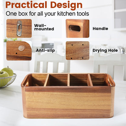 Gallkeat Kitchen Utensil Holder for Counter or Countertop, Large Wooden Utensil Holder with 4 Compartments, Acacia Wood Organizer for Cooking Utensils and Silverware, Ideal Gift for Kitchen Decor