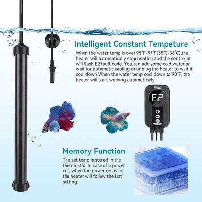 hygger Marine Aquarium Heater 500W,Titanium Heater with Digital LED Controller & Temperature Probe,Submersible Fish Tank Heater with Temperature Calibration,for Saltwater Freshwater Tank 70-80Gallon