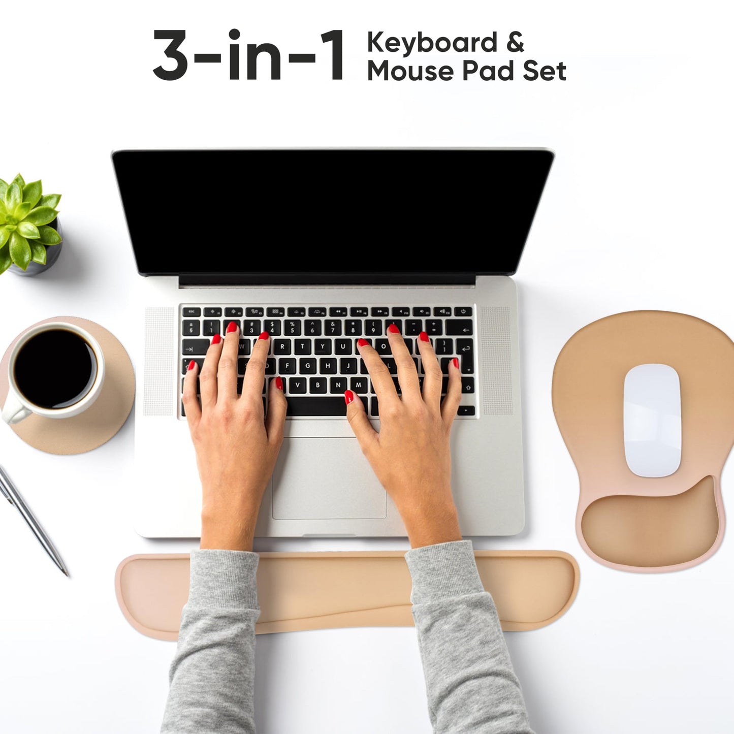 WINTOJO Wrist Rest Support for Mouse Pad Keyboard Set Circle Coaster Gaming Mouse Pad Ergonomic Gel Memory Foam Set for Computer, Laptop, Office, Pain Relief, Comfortably Typing Brown KM-32