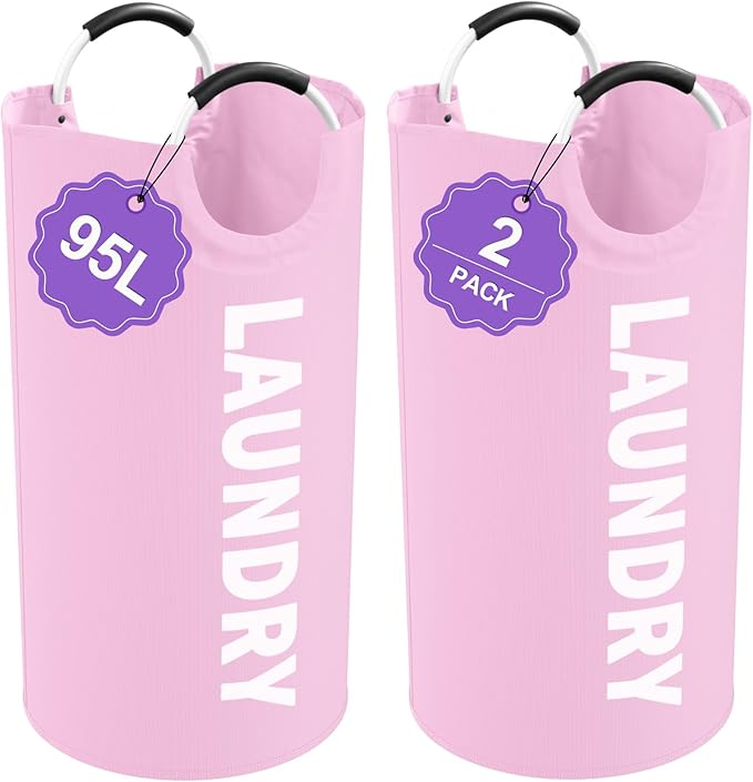 2Pcs Foldable Pink Laundry Basket