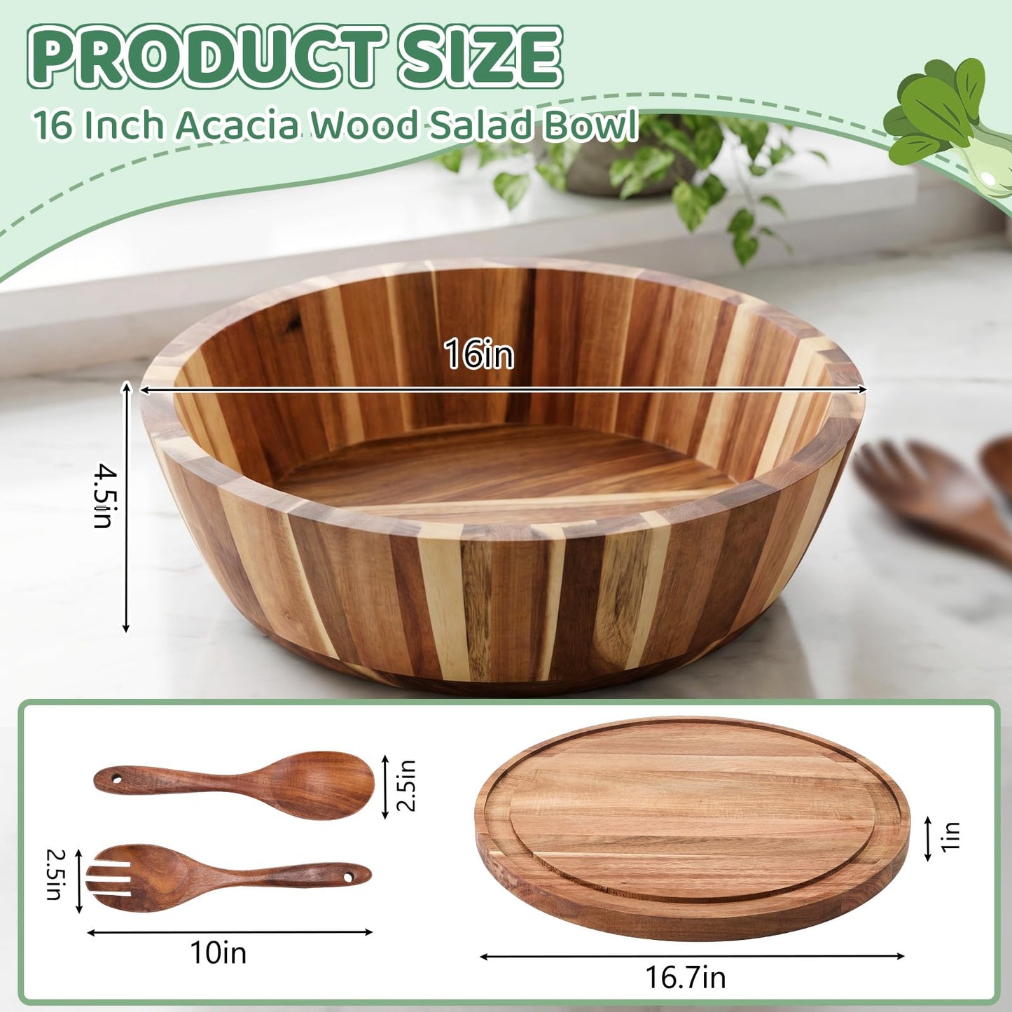 Geiserailie 16" Extra Large Acacia Wood Salad Bowl Set, 2-in-1 Wooden Serving Bowl & Charcuterie Board with Lid, Includes Spoon & Fork, Ideal for Party, Pasta, Fruit, Wedding Housewarming Gift