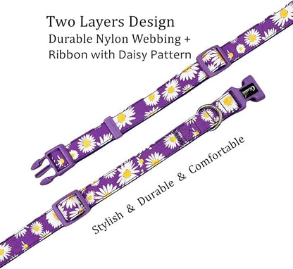 Dog Collar Leash Set, Floral Pattern, Nylon Webbing Plus Cotton Ribbon, 5ft Matching Leash, for Small Dogs.(S, Purple Daisy)