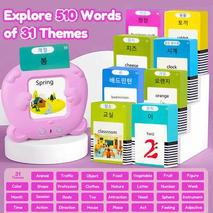 MoLingvora Bilingual Talking Flash Cards for Kids - Korean English Flashcards Children Adults, 510 Sight Words, ABC Alphabet, Pocket Speech for Toddlers, Audible Sensory Toys (Korean, Pink)