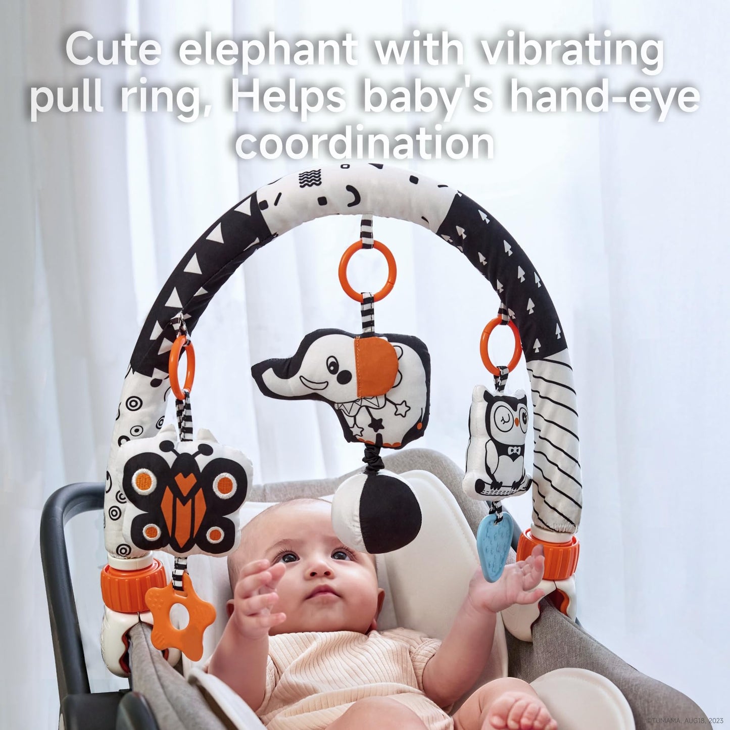 TUMAMA Car Seat Toys for Babies 0-6 Months, Stroller Toys for Infant 0-6 Months, Newborn Sensory Hanging Rattle Arch Toy with Butterfly Elephant Owls,Musical Toy for Baby 6-12 Months