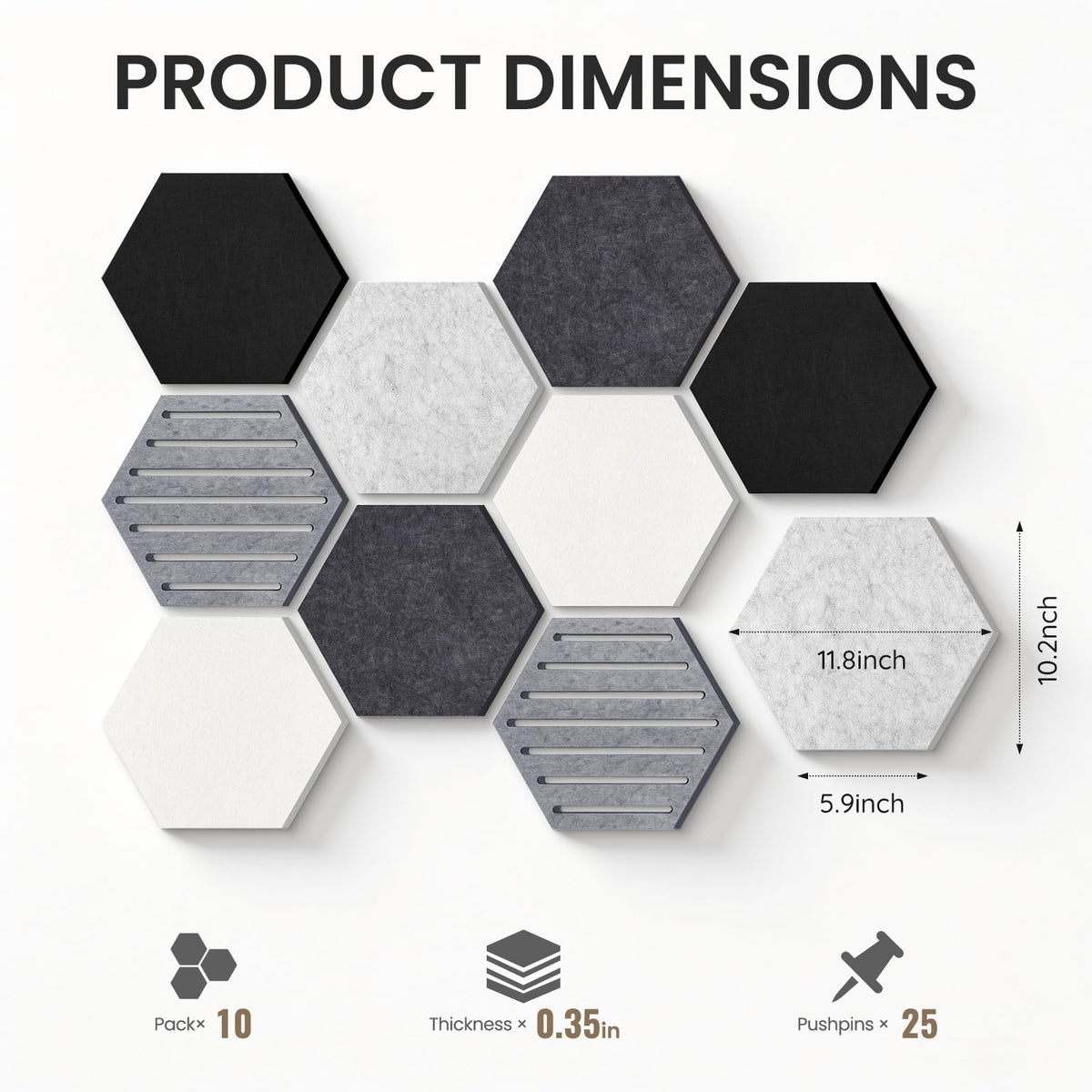 Hexagon Cork Bulletin Board Tiles, 10 Pack Felt Board with 25 Push Pins, Photo Display Board for Office & Home Classroom Wall Decor, 11.8x10.2 Inches