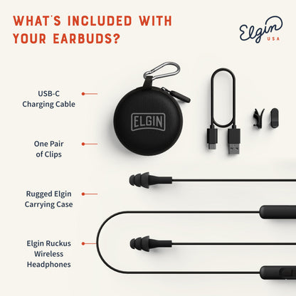 Elgin Ruckus Wireless Bluetooth Earplug Headphones, 25 dB Noise Reduction Ear Plug Earbuds, Noise Cancelling Mic, 12 Hour Battery, IP65 sweatproof, OSHA Compliant Hearing Protection, Work Safety