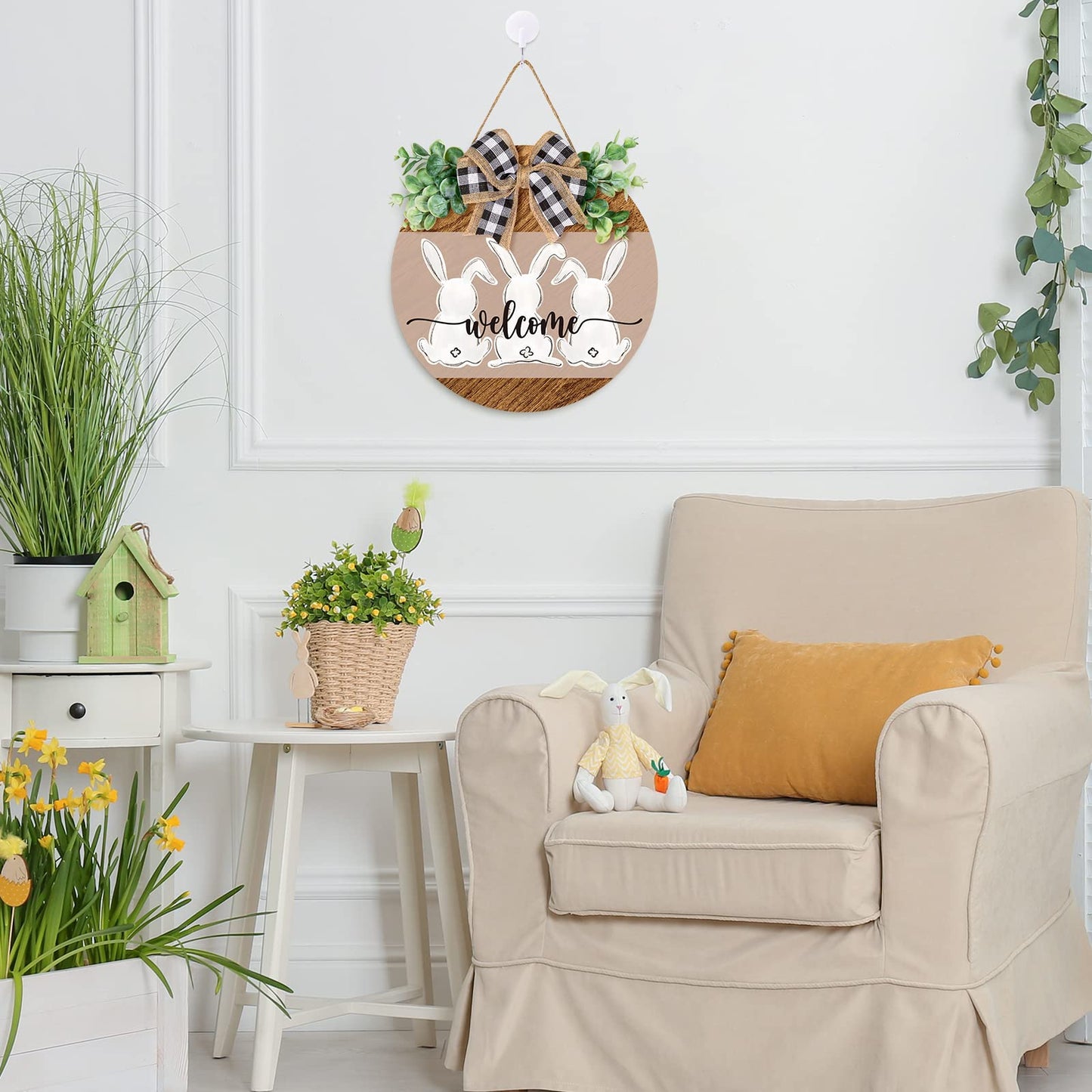 Whaline Easter Wooden Hanging Sign Bunny Rabbit Welcome Sign Door Decoration with Bow Rustic Easter Wood Wreath Sign for Spring Holiday Home Coffee Shop Bakery Farmhouse Window