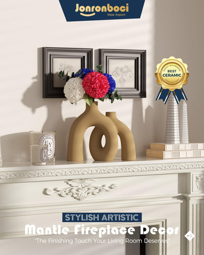 Hug Donut Decorative Vase Set - Tan Modern Rustic Farmhouse Style Vases Home Decor,Matte Ceramic Decorations for Living Room Shelf, Bookshelf Mantle Entryway Table Centerpiece or Console Décor(Brown)