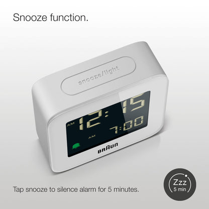 Braun Digital Travel Alarm Clock with Snooze, Compact Size, Negative LCD Display, Quick Set,Crescendo Beep Alarm in White, Model BC08W.