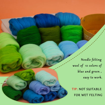 Wonvoc Needle Felting Wool, 12 Colors Wool Roving, 10g per Color 4.23 oz Total, Fibre Wool Yarn Roving, for Hand Spinning Needle Felting DIY Wool Crafts, Green and Blue