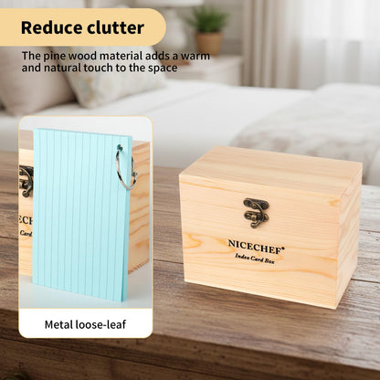 NICECHEF Index Card Holder 4x6, Wooden Recipe Box with 300 PCS Flash Cards Card Organizer,12 White Dividers, 6 Metal Rings, 2 Sticker, for Office, Business, Flashcard Notecard Holders for Home Office