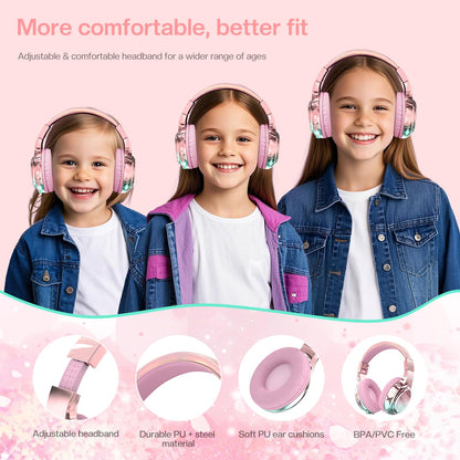 QearFun Kids Bluetooth Headphones, 60H Playtime, 74/85/94dB Safe Volume Limit, Metallic Gradient Wireless Headset with HD Mic, Fast Charging, Foldable, Wired 3.5mm Mode for School/Tablet/Travels