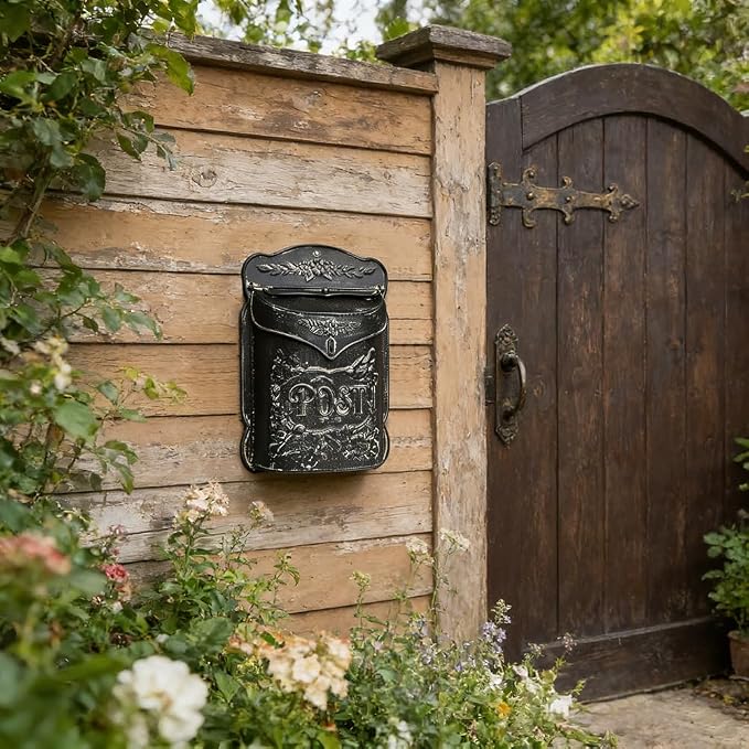 Wall Mount Mailbox for Outside Vintage Mail Boxes for House Outside Metal Door Mailbox Drop Box Antique Style Nostalgic Charm Home Decorative, Flower Pattern, Black