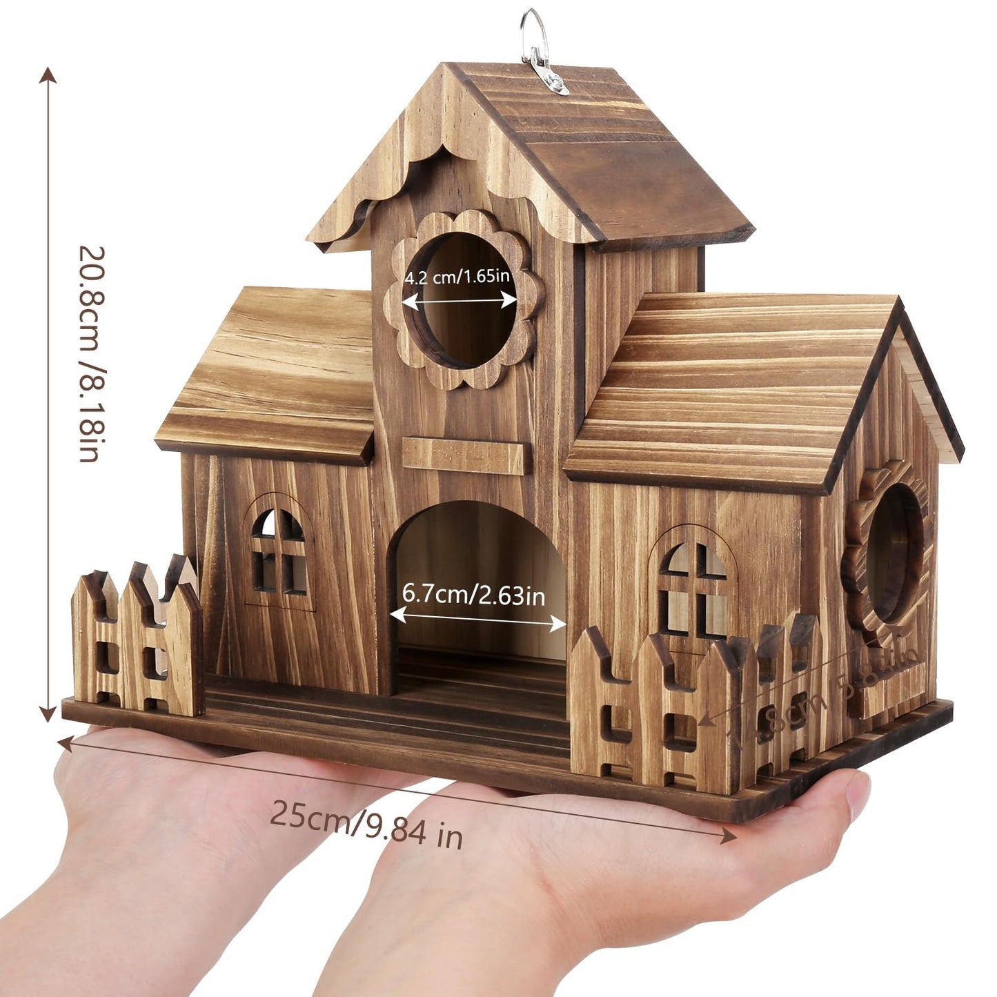BlueYu Bird Houses for Outside with Fence Platform, 4-Hole Wooden Bird House, One-Piece Spacious Design, Hanging Birdhouse with Dual Hooks, Fits Bluebirds Sparrows Cardinals for Garden Backyard