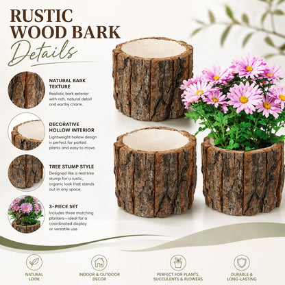 Garneck 3 Pcs Wooden Flower Pots Wood Bark Planters Rustic Tree Stump Containers: Small Natural Log Barrel Buckets for Indoor Outdoor Plants Succulents Home Garden Decor