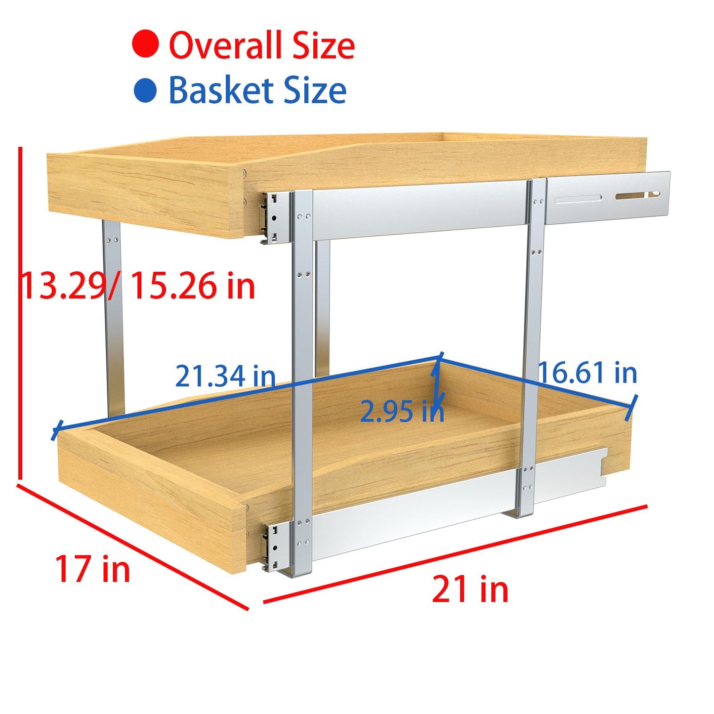 2 Tier Pull Out Cabinet Organizer, 17"W x 21"D Solid Wood Heavy-Duty Base Bottom Assembly Slide out Drawer Shel Cabinet Organization for Kitchen, Pantry, Bathroom