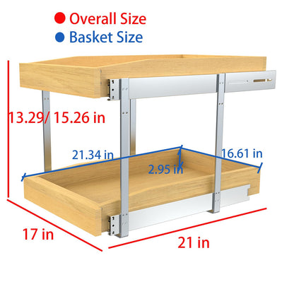 2 Tier Pull Out Cabinet Organizer, 17"W x 21"D Solid Wood Heavy-Duty Base Bottom Assembly Slide out Drawer Shel Cabinet Organization for Kitchen, Pantry, Bathroom