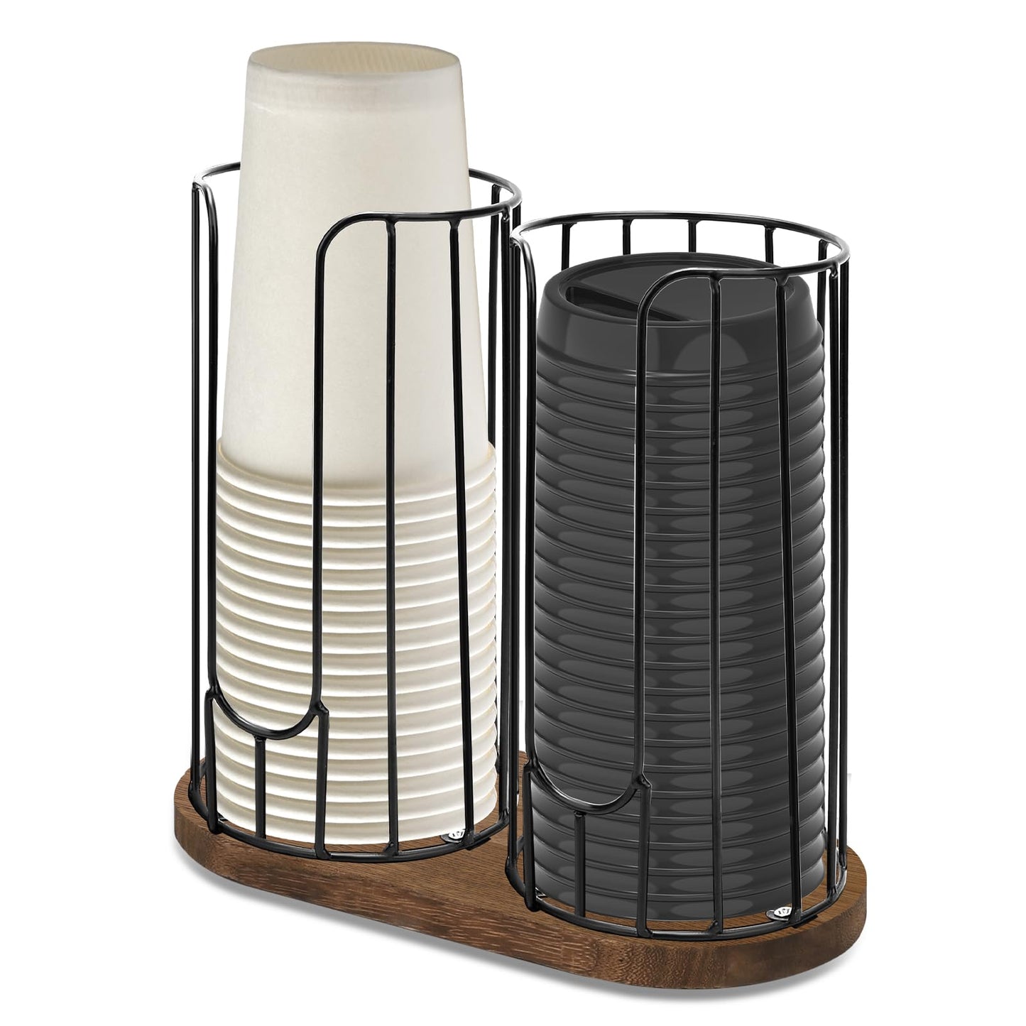 Tanggiteck 2-Compartment 18oz Coffee Cup Dispenser Rack with Wood Base, Disposable Cup, and Lid Organizer for Countertop - Perfect for Paper Cups, and Lid Organizer