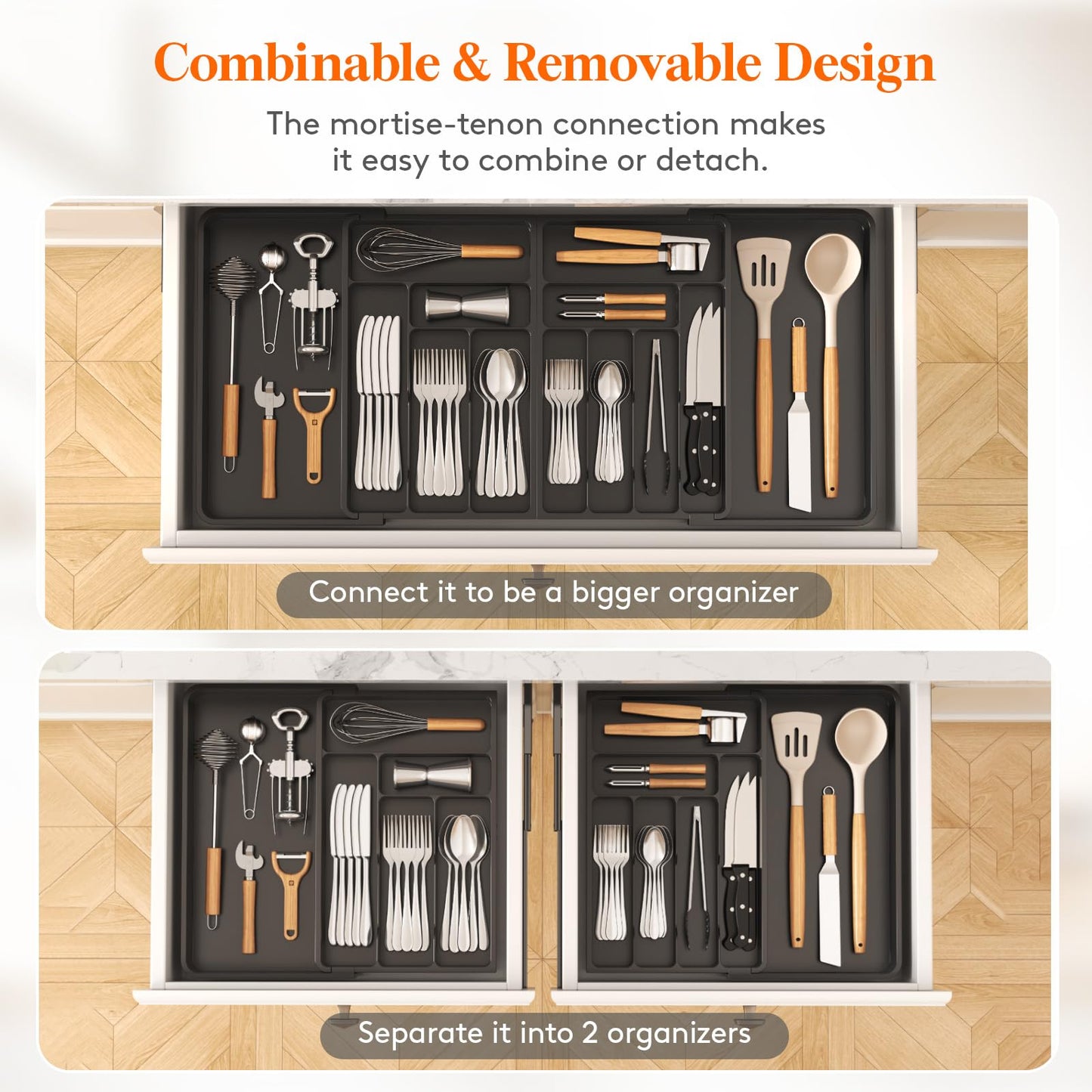 Lifewit Large Silverware Drawer Organizer, Expandable From 21 to 36 Inches, BPA Free Plastic Utensil Tray for Kitchen, Adjustable Flatware and Cutlery Holder for Spoons Forks Knives, Black