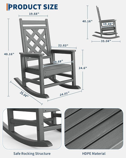 GarveeLife Outdoor Rocking Chair Set of 6, HDPE Weather Resistant Patio Rocking Chair Porch Rocker with Wood Texture & 380 LBS Support for Deck, Pool, Backyard, Gray