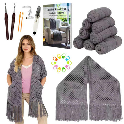 Arborthread Crochet Kit for Beginners, Easy All-Season Pocket Shawl & Scarf Crochet Kit for Adults w/Ample Premium Yarn to Fit Different Sizes, Step-by-Step Video & Instructions, Grey