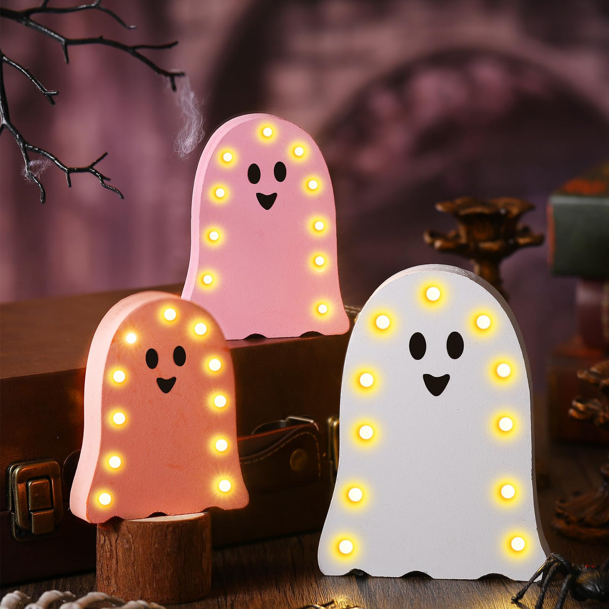 Tujoe 3 Pcs Halloween Decorations Light Up Wooden Ghost Light Up Ghost Kit Pink Halloween Table Centerpiece for Home Decor Kitchen Mantel Tabletop Windowsill