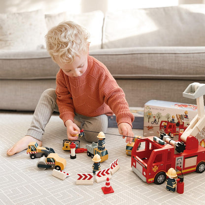 Tender Leaf Toys - Fire Engine - Wooden Fire Truck Toy with Firefighters and Accessories - Story Telling, Pretend Play and Imaginative Play for Age 3+