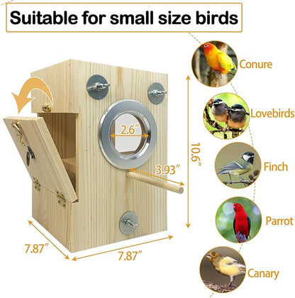 BNOSDM Parakeet Nesting Box Transparent Bird Breeding Nest Boxes Natural Wood Bird Cage House with Coconut Fiber for Small Conure Lovebirds Finch Parrot Canary