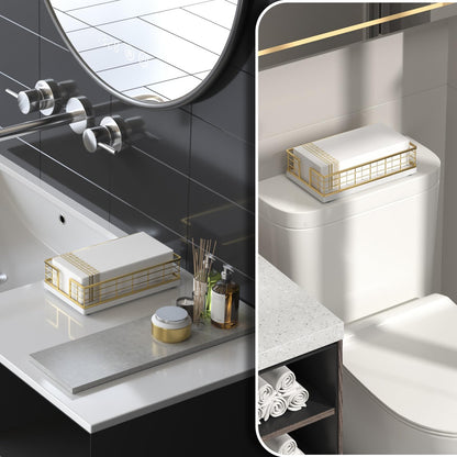 Wican Marble Guest Towel Holder Tray for Bathroom, Napkins Holder for Powder Room Dinning Table Wooden Basket for Disposable Paper Hand Towels Gold and Marble White