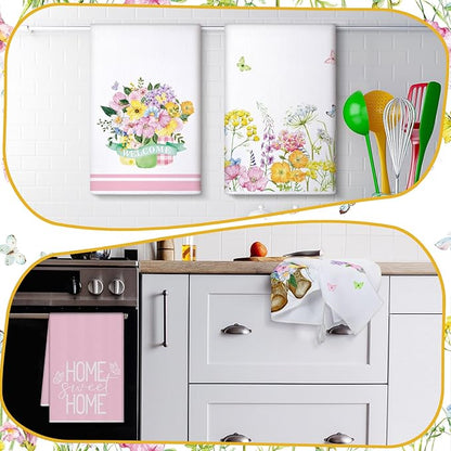 Bencailor 4 Pcs Pink Floral Kitchen Towels Pink and White Flower Hand Dish