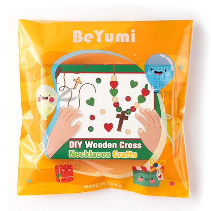 BeYumi Wooden Cross Necklace Craft - 24Pcs Christmas Wooden Cross Beads Necklace Craft Kit for Kids DIY Xmas Gift Christian Nativity Religious Jesus Decor Sunday School Classroom Party Fun Activities